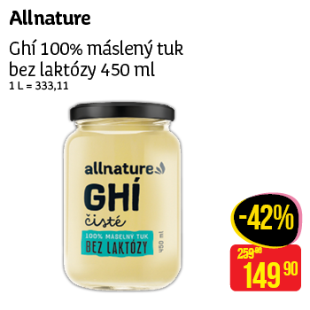 Allnature - Ghí 100% máselný tuk bez laktózy 450ml