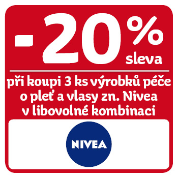Využijte neklubové nabídky slevy 20% při koupi 3ks výrobků péče o pleť a vlasy značky Nivea!