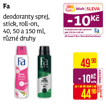 Fa - deodoranty sprej, stick, roll-on, 40,50 a 150 ml, různé druhy