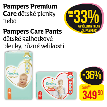 Pampers Premium Care - Dětské plenky nebo Pampers Care Pants, dětské kalhotkové plenky, různé velikosti