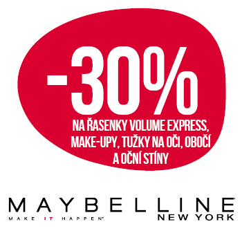 Využijte neklubové nabídky slevy 30 % na řasenky Volume Express, make-upy, tužky na oči, obočí a oční stíny značky Maybelline New York!