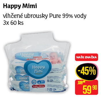Happy Mimi - vlhčené ubrousky Pure 99% vody 3x 60 ks