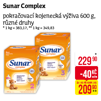 Sunar Comlex - Pokračovací kojenecká výživa 600g, různé druhy