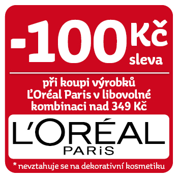 Využijte neklubové nabídky slevy 100 Kč na výrobky L'Oréal Paris při koupi nad 349 Kč v libovoné kombinaci!