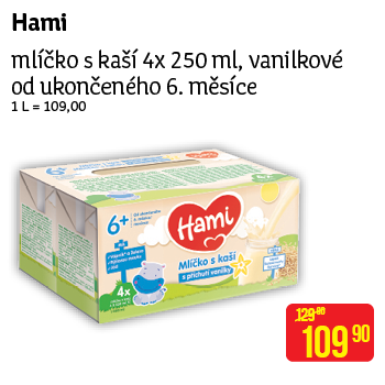Hami - mlíčko s kaší 4x 250 ml, vanilkové od ukončeného 6. měsíce
