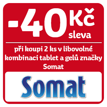 Využijte neklubové nabídky slevy 40 Kč  při koupi 2 libovolné kombinaci tablet a gelů značky Somat!