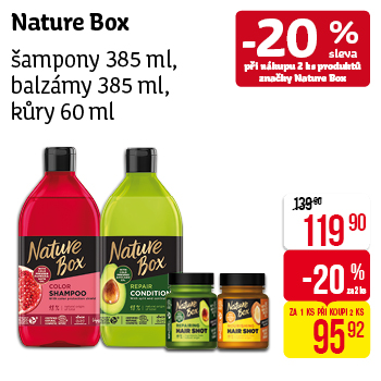Nature Box - Šampony 385ml, balzámy 385ml, kůry 60ml