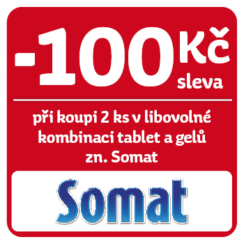 Využijte neklubové nabídky slevy 100 Kč při nákupu 2 ks libovolné kombinace tablet a gelů značky Somat!