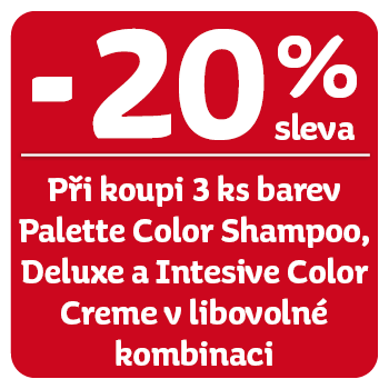 Využijte neklubové nabídky slevy min 20 % na barvy Palette Color Shampoo, Deluxe a Intensive Color Creme při koupi 3 ks v libovolné kombinaci!