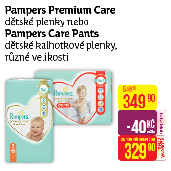 Pampers Premium Care - dětské plenky nebo Pampers Care Pants - dětské kalhotkové plenky, různé velikosti