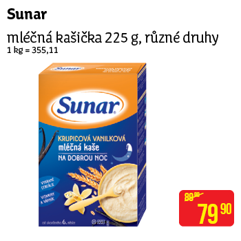 Sunar - mléčná kašička 225 g, různé druhy