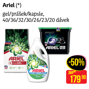 Ariel - gel/práek/kapsle 40/36/32/30/26/23/20 dávek
