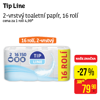 Tip Line - 2-vrstvý toaletní papír, 16 rolí