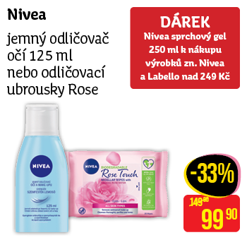 Nivea - jemný odličovač očí 125 ml nebo odličovací ubrousky Rose