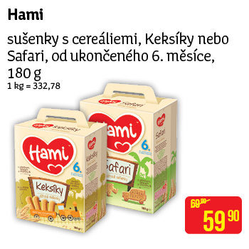 Hami - sušenky s cereáliemi, Keksíky nebo Safari, od ukončeného 6. měsíce, 180 g