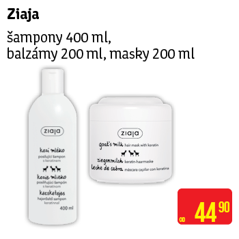 Ziaja - šampony 400 ml, balzámy 200 ml, masky 200ml