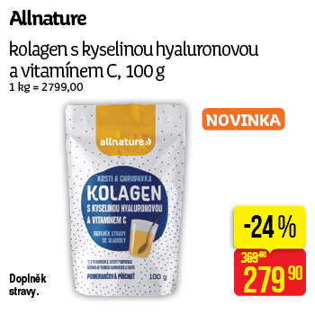 Allnature - kolagen s kyselinou hyaluronovou a vitamínem C, 100g 