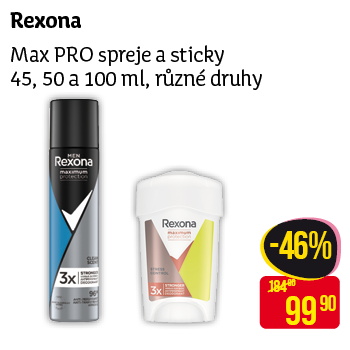 Rexona - Max PRO spreje a sticky 45,50 a 100 ml, různé druhy 