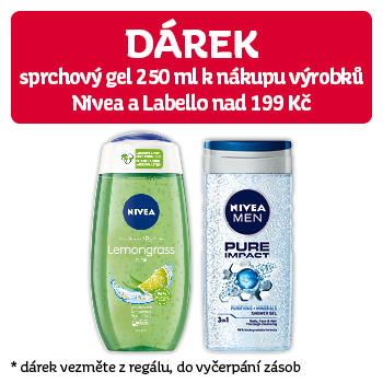 Využijte neklubové nabídky DÁREK - sprchový gel 250 ml k nákupu výrobků zn. Nivea a Labello nad 199 Kč! 