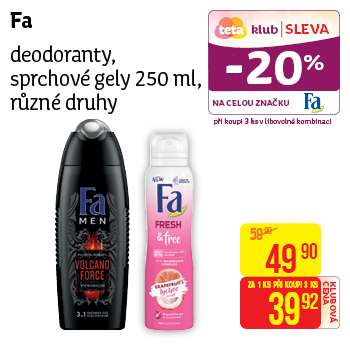 Fa - deodoranty, sprchové gely 250 ml, různé druhy