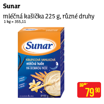 Sunar - mléčná kašička 225 g, různé druhy