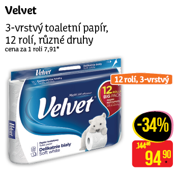 Velvet - 3-vrstvý toaletní papír, 12 rolí, různé druhy