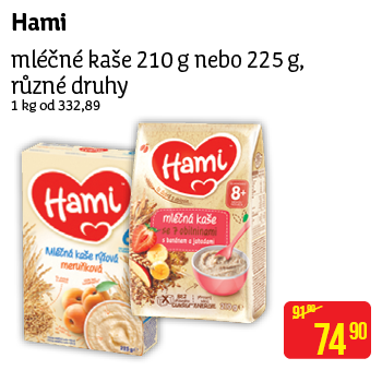 Hami - mléčné kaše 210 g nebo 225 g, různé druhy