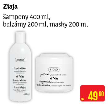 Ziaja - šampony 400ml, balzámy 200 ml, masky 200 ml