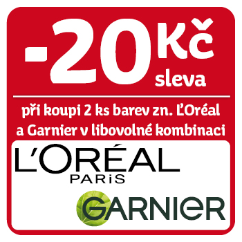 Využijte neklubové nabídky - sleva 20 Kč na barvy na vlasy značek L'Oréal Paris a Garnier při koupi 2 ks v libovolné kombinaci!