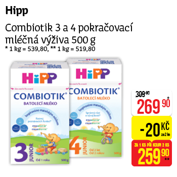 Hipp - Combiotik 3 a 4 pokračovací mléčná výživa 500 g