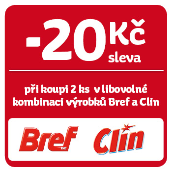 Využijte neklubové nabídky slevy 20Kč při koupi 2ks produktů značky Bref a Clin!